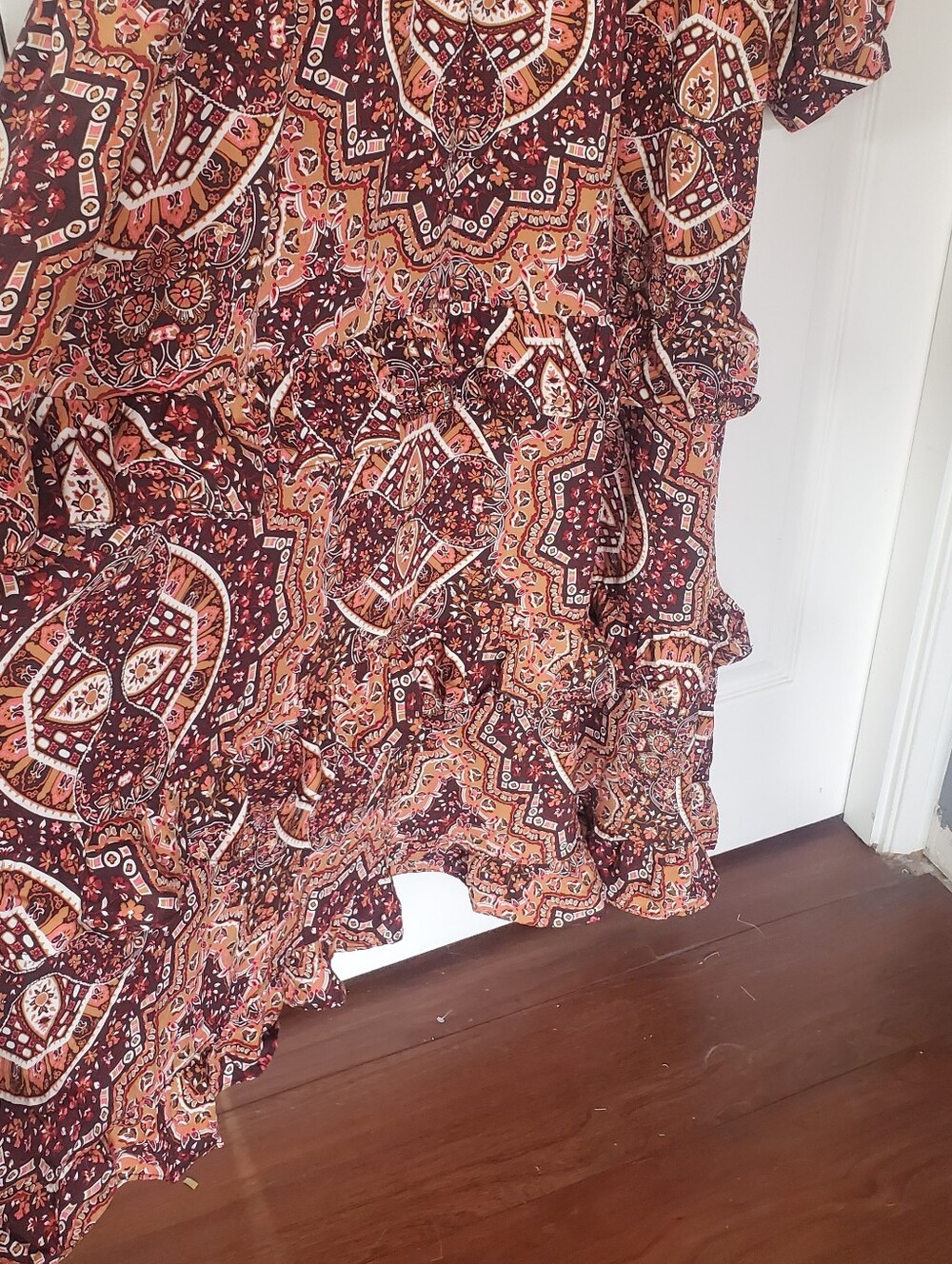 Wrangler Retro Bohemian Maxi Dress Paisley Peasant Western Ruffled XXL Brown - Picture 4 of 13